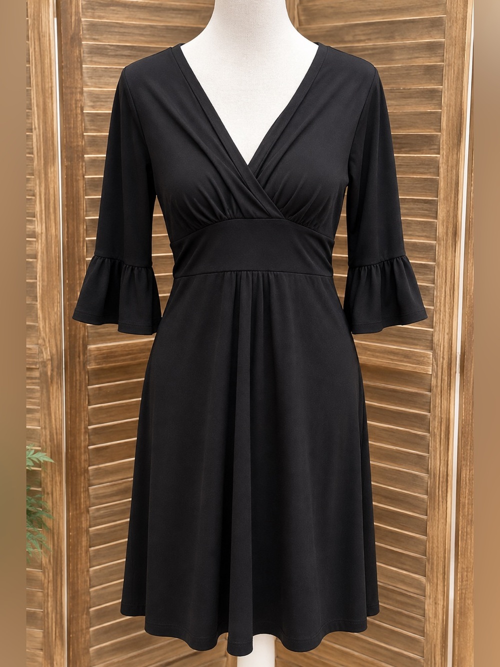 LOFT Petite Black Faux Wrap Dress 6P 3/4 Ruffle Sleeve V Neck